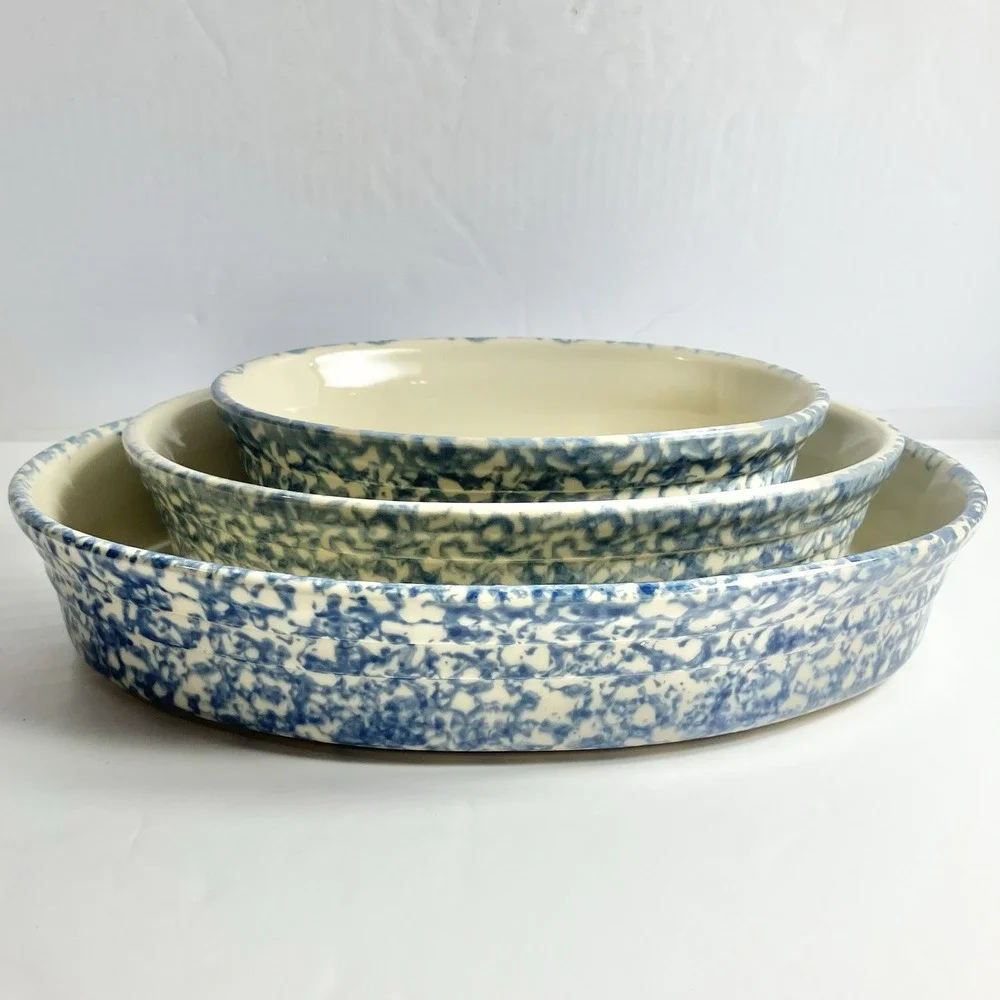 Workshops of Gerald Henn Blue Spongeware. Oval Baker set 7 1/2, 9 1/2